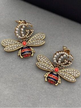 Gold Bee Drop Earrings with Pearls and Red Crystal Accents Designer Inspired
